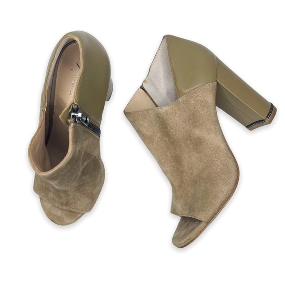 Botkier New York Womens 6 Olive‎ Green Suede Leather Peep Toe Block Heel Booties
